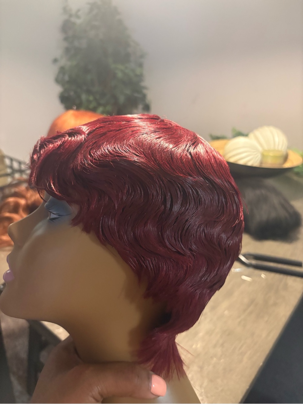 Short Finger Wave Wig in Deep Burgundy — Sleek Women's Style